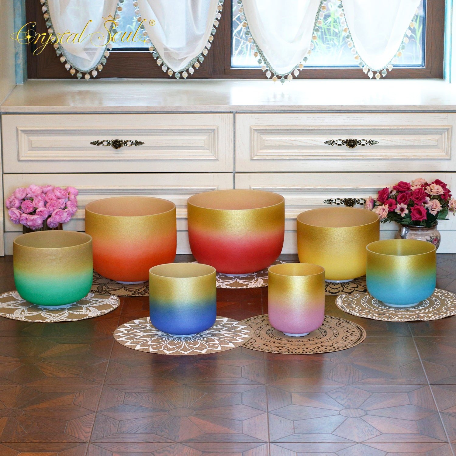 Crystal Soul Seven Chakra Gold-rimmed Classic Color Frosted Crystal Bowl