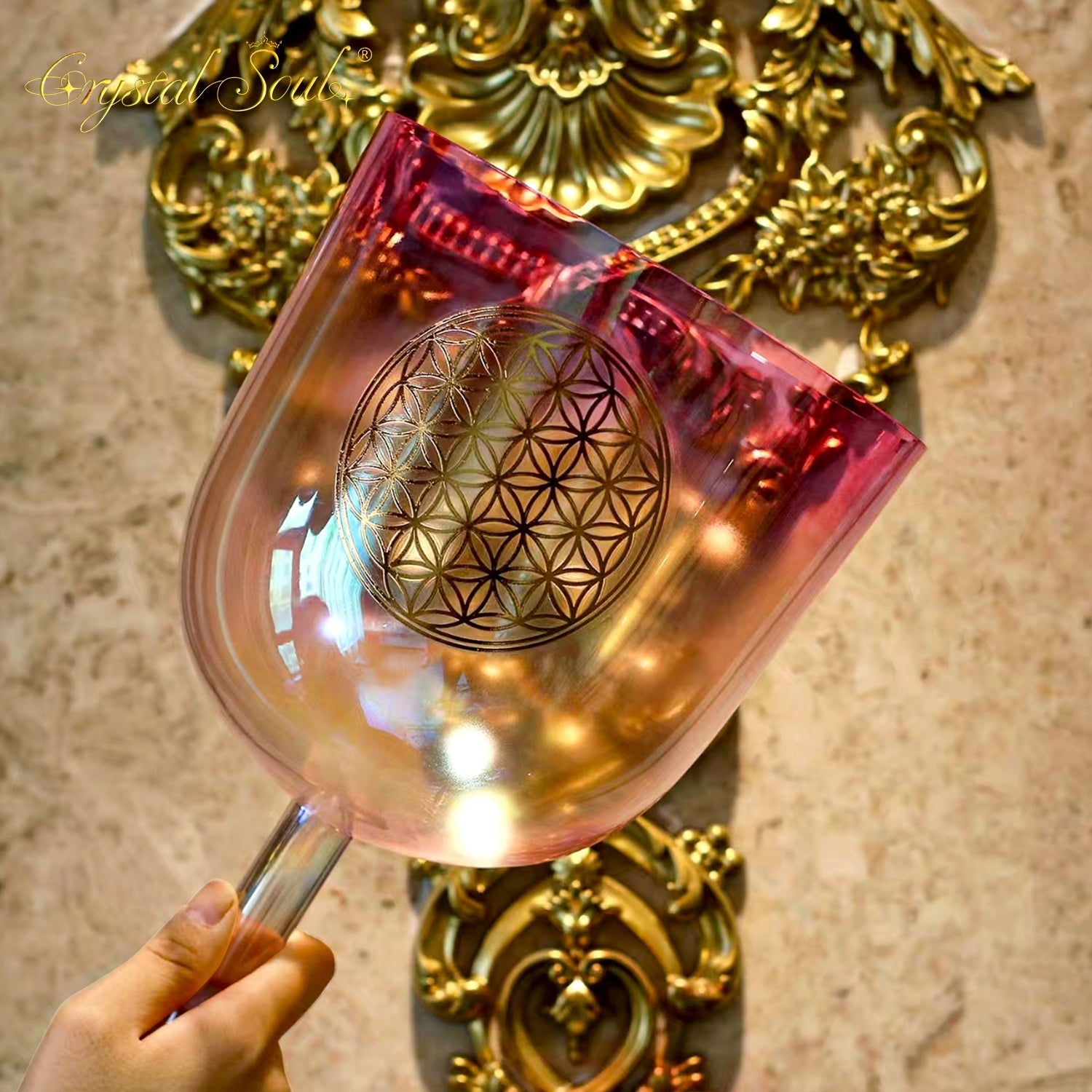 Crystal Soul Pink Gradient Flower of Life Handle Alchemy Crystal Bowl