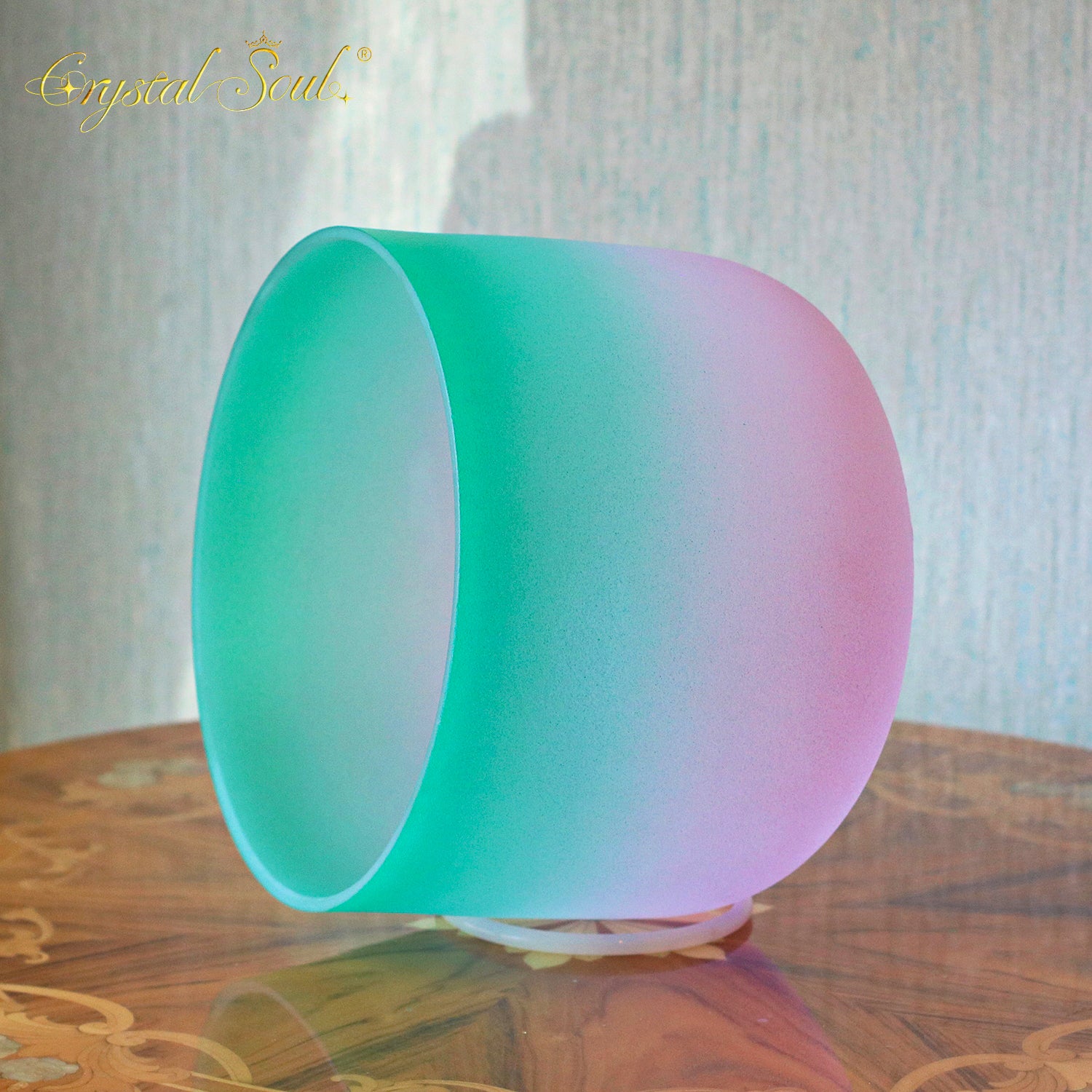 Crystal Soul Pink Green Gradient Frosted Crystal Singing Bowl Customized 432HZ