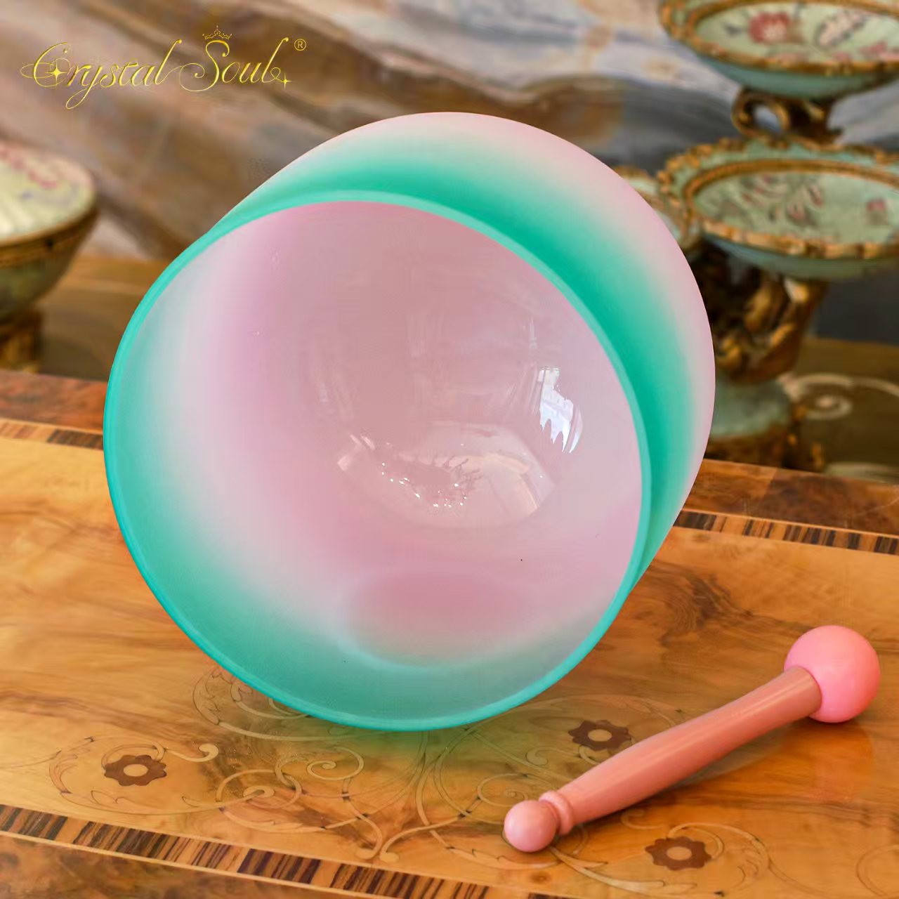 Crystal Soul Pink Green Gradient Frosted Crystal Singing Bowl Customized 432HZ
