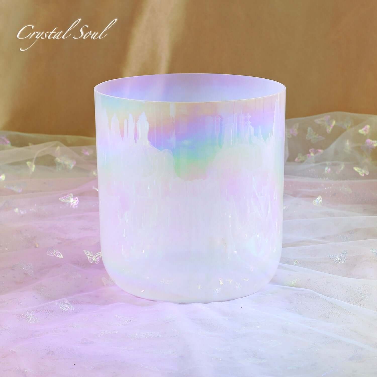 White Aurora Alchemy Crystal Bowl with iridescent finish, ideal for meditation and sound healing.