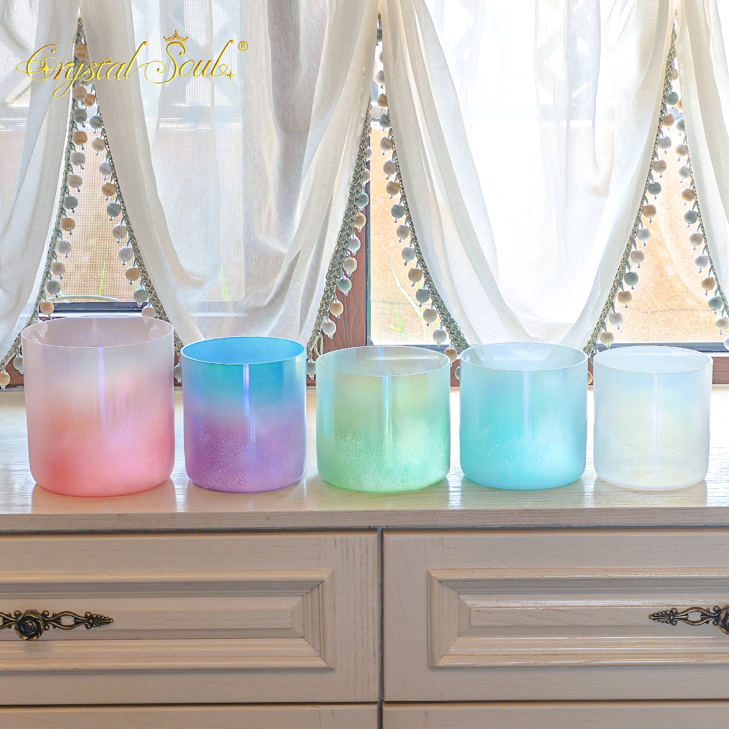 Crystal Soul 528Hz High Quality Sandblasted Dreamy Color Alchemy Crystal Bowl Set