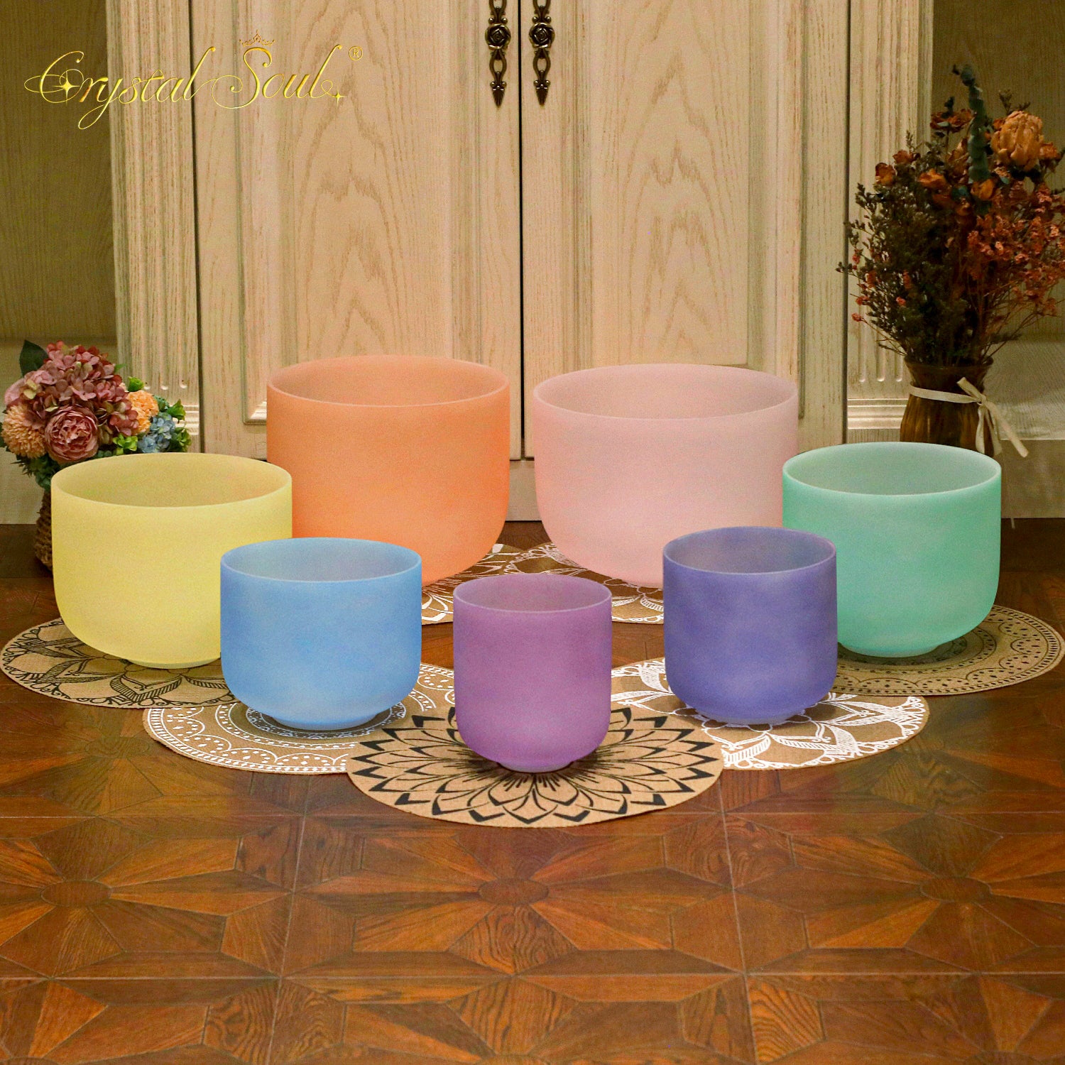 Crystal Soul Candy Color Classic Seven Chakra Frosted Crystal Bowl Set