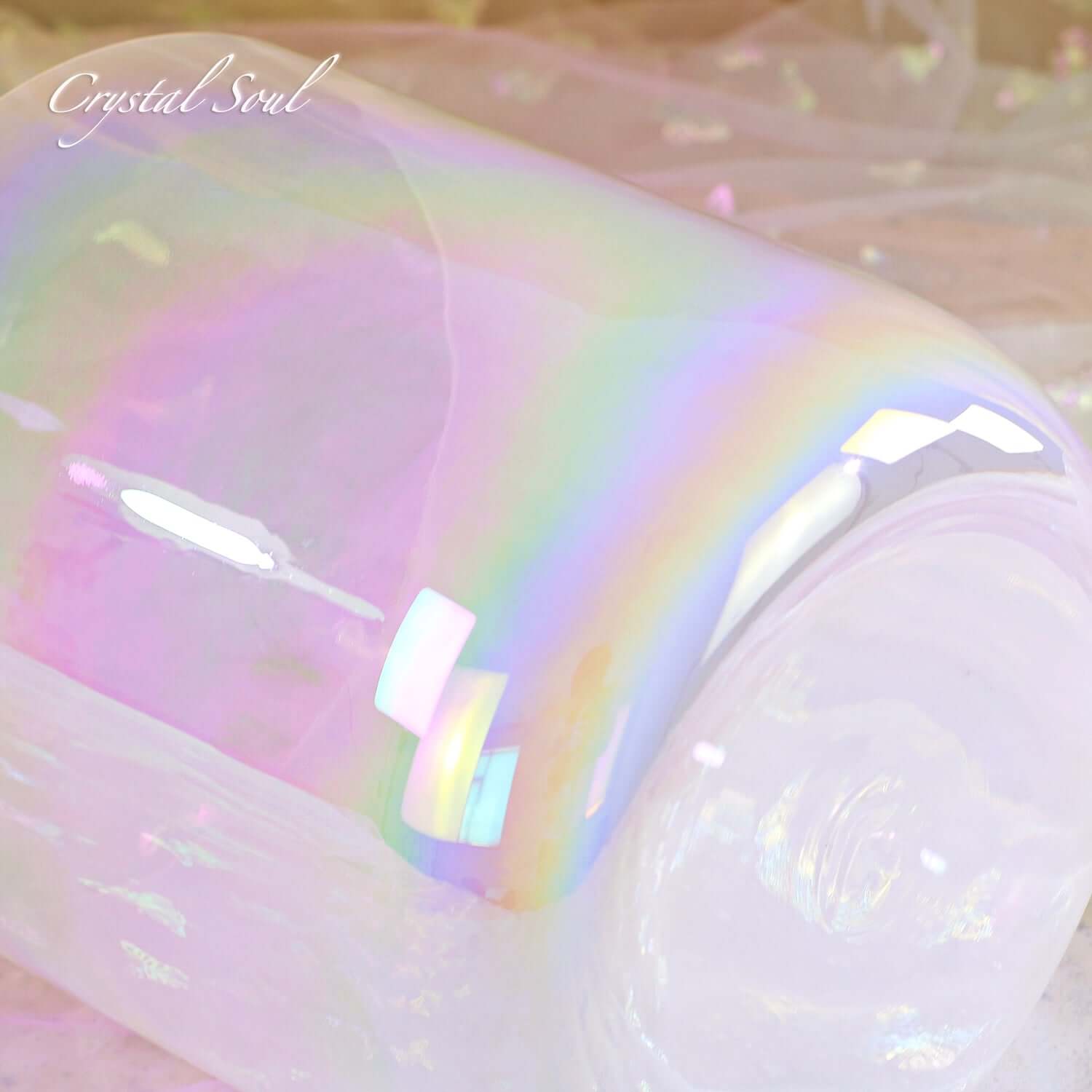 White Aurora Alchemy Crystal Bowl with colorful iridescent finish, perfect for meditation and energy healing.