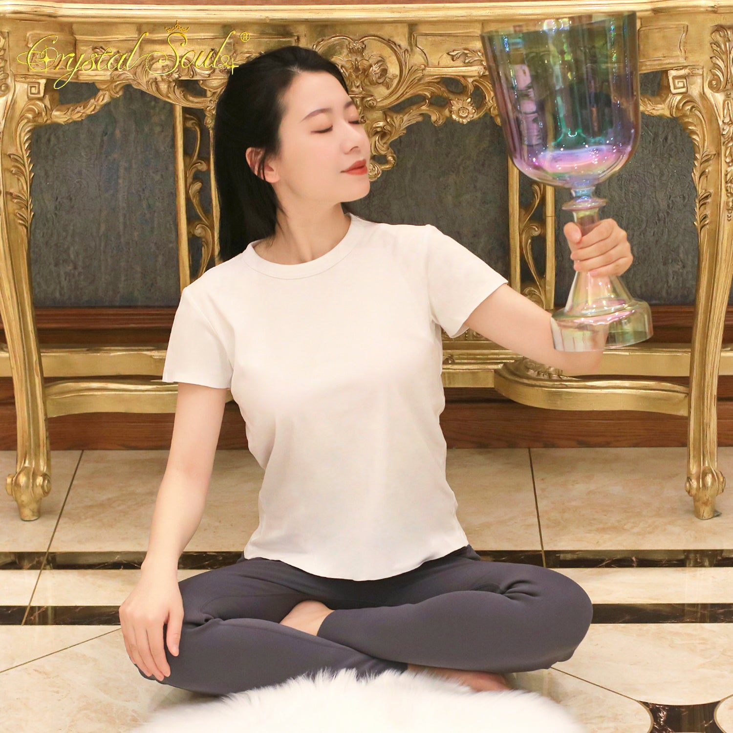 Crystal Soul Superior Design Coffee Brown Green Aurora Gradient Holy Chalice Crystal Singing Bowl