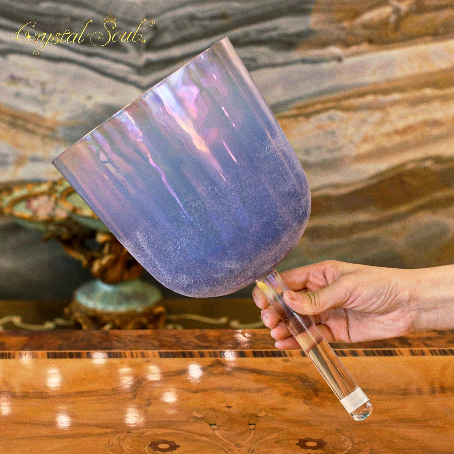 Crystal Soul NEW Design Crystal Sand Surrounding Indigo Aurora Handle Alchemy Crystal Bowl