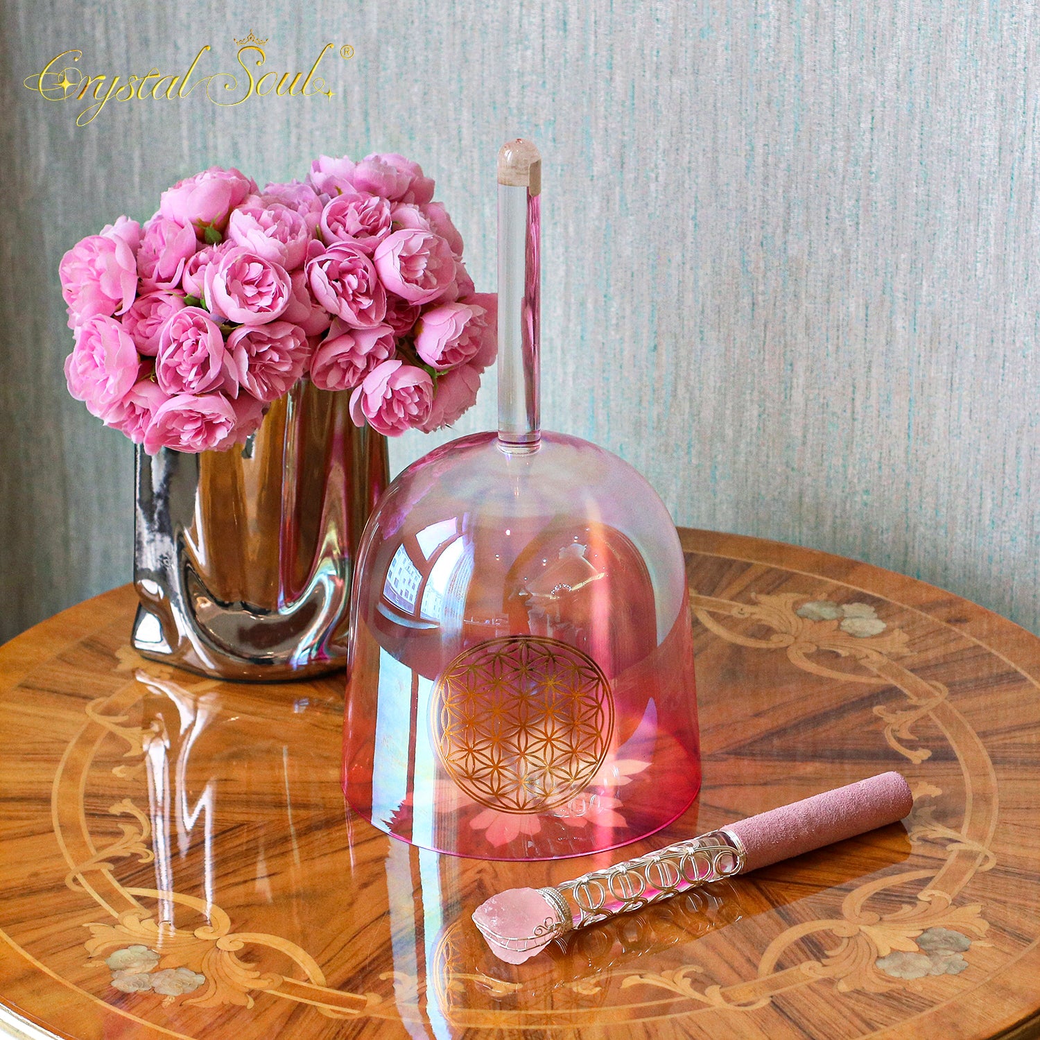 Crystal Soul Pink Gradient Flower of Life Handle Alchemy Crystal Bowl