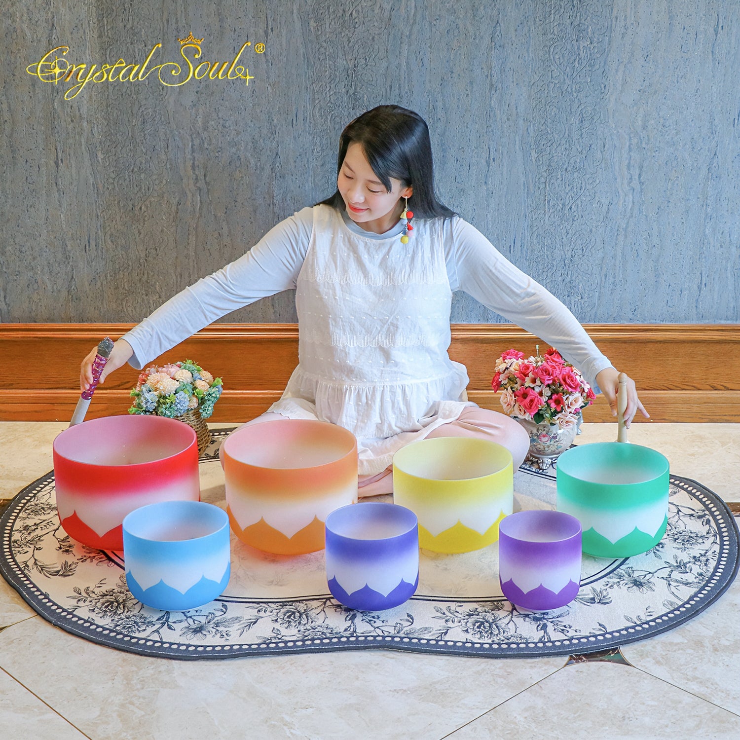Crystal Soul Classic Chakra Lotus Frosted Crystal Singing Bowl Set