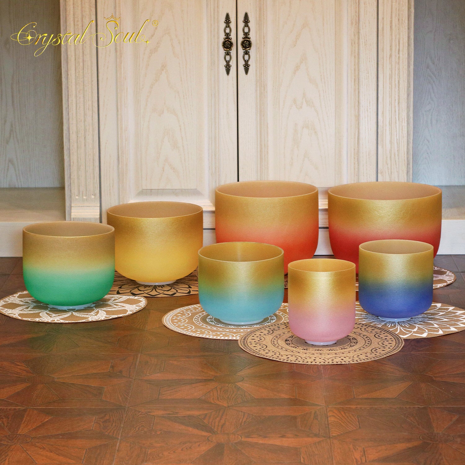 Crystal Soul Seven Chakra Gold-rimmed Classic Color Frosted Crystal Bowl