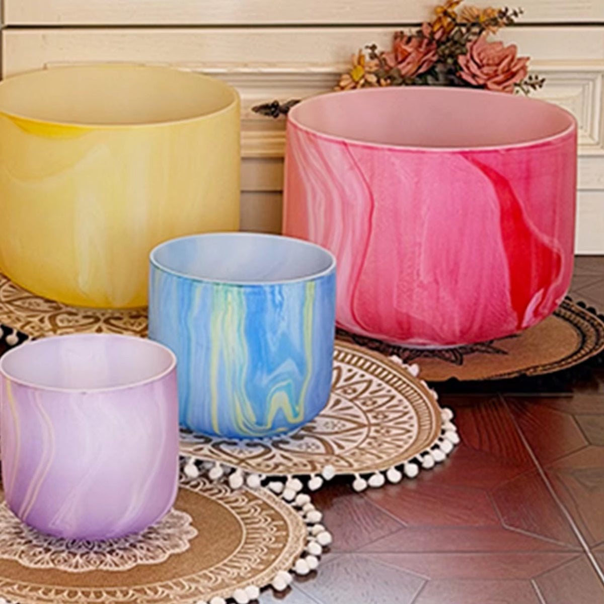 Crystal Soul Reiki Series Rainbow Swirl Mist Textured Frosted Crystal Bowl Set