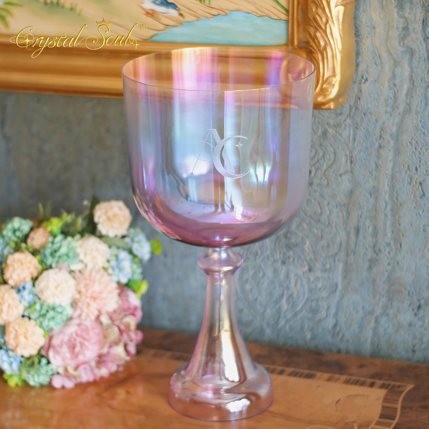 Crystal Soul High Quality Custom Carved Purple Aurora Clear Holy Grail Alchemy Crystal Bowl