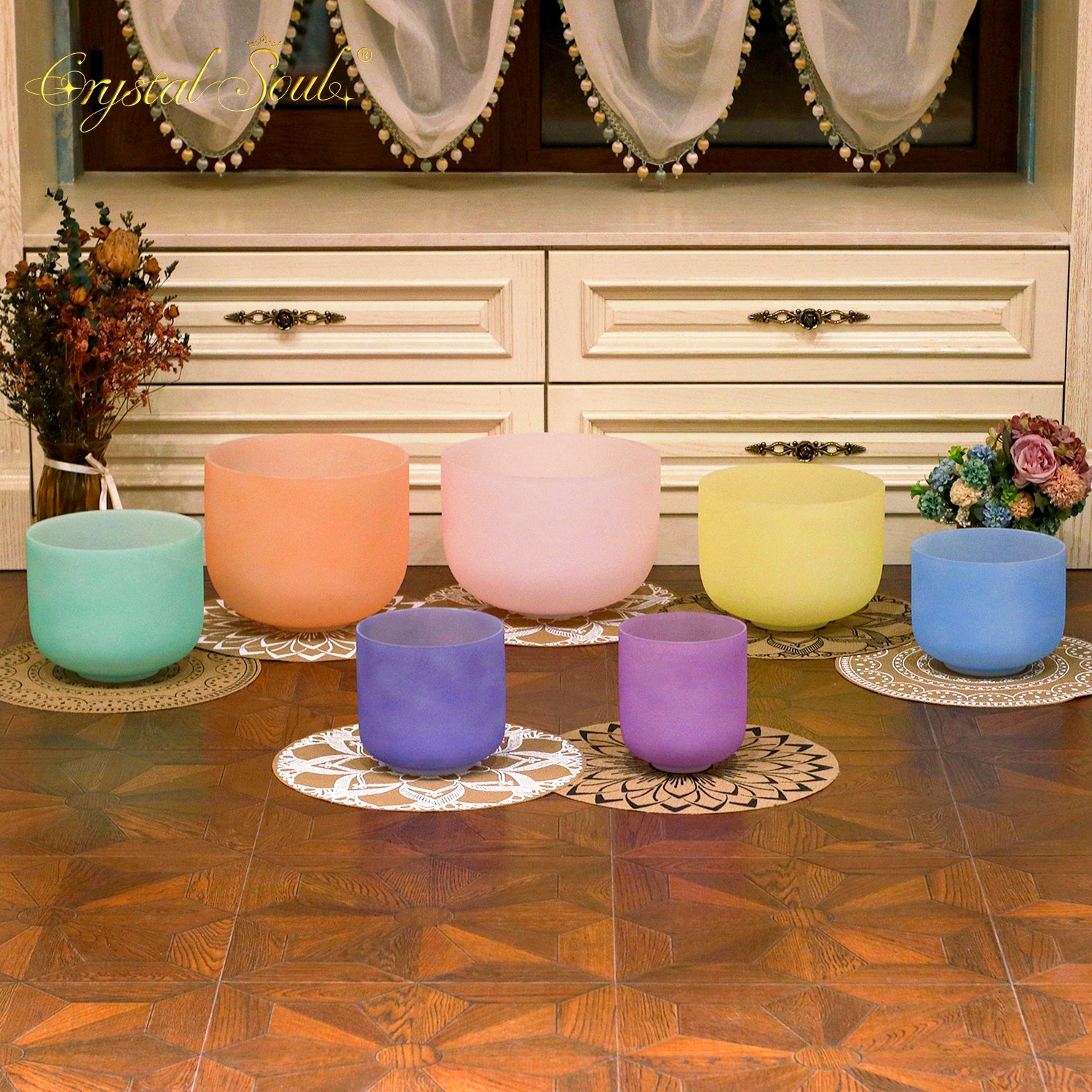Crystal Soul Candy Color Classic Seven Chakra Frosted Crystal Bowl Set