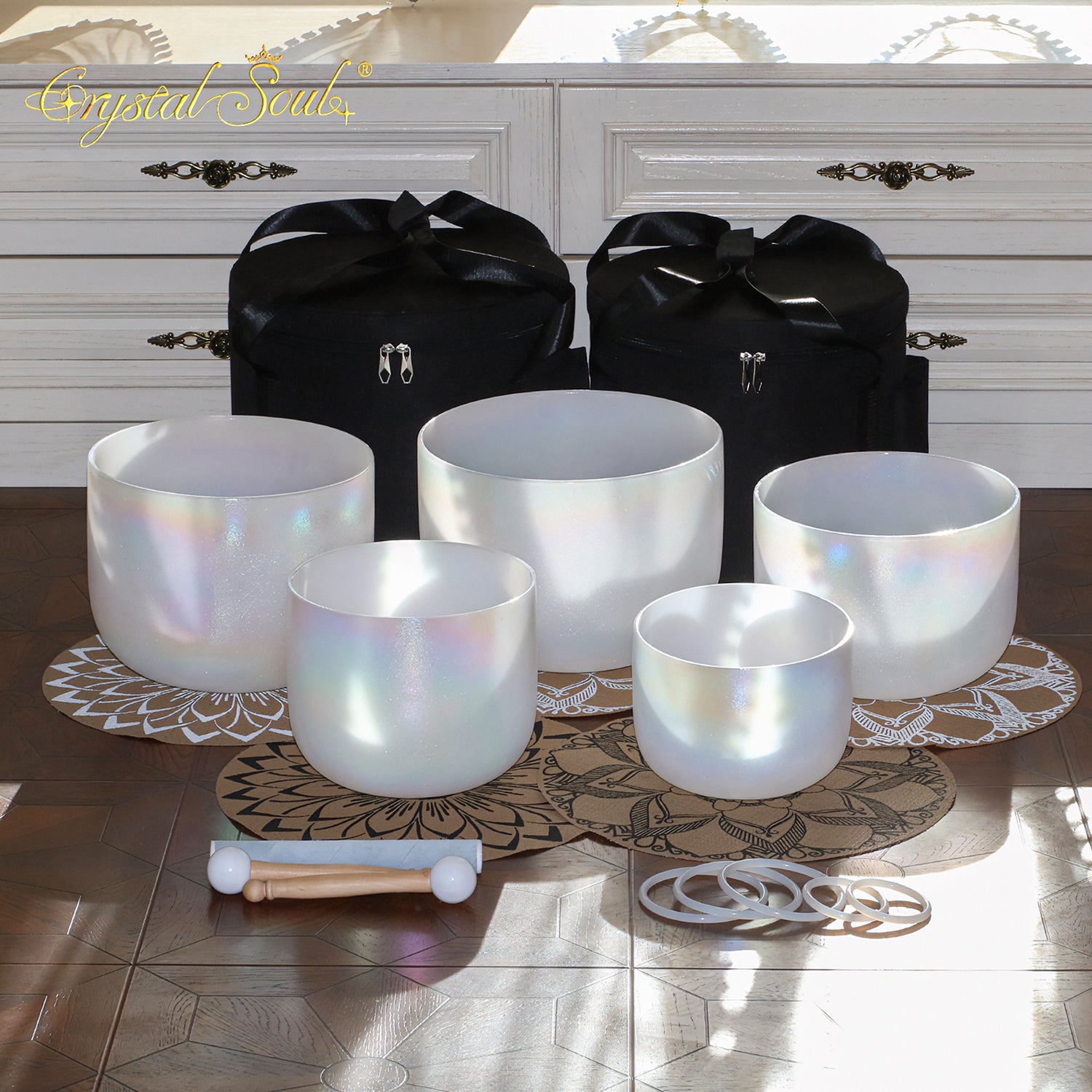 Crystal Soul New Exclusive Design Alchemy Crystal Bowl Harmony Set Precious Metal Alchemy Crystal Bowl