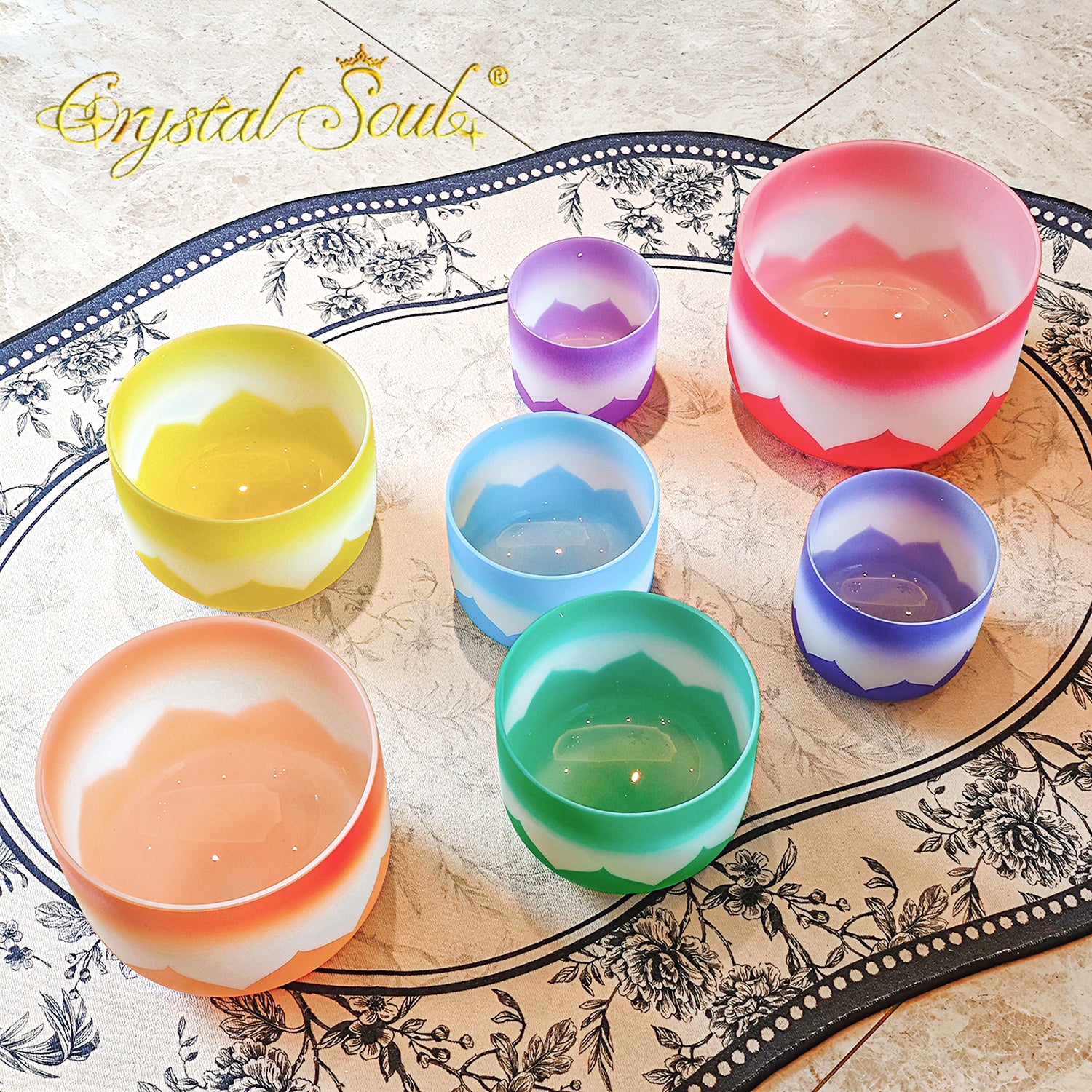 Crystal Soul Classic Chakra Lotus Frosted Crystal Singing Bowl Set