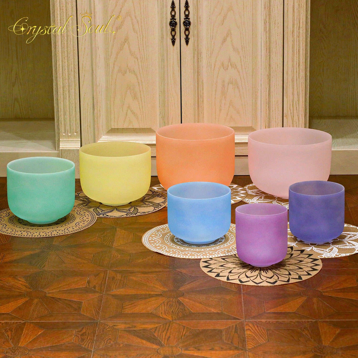 Crystal Soul Candy Color Classic Seven Chakra Frosted Crystal Bowl Set