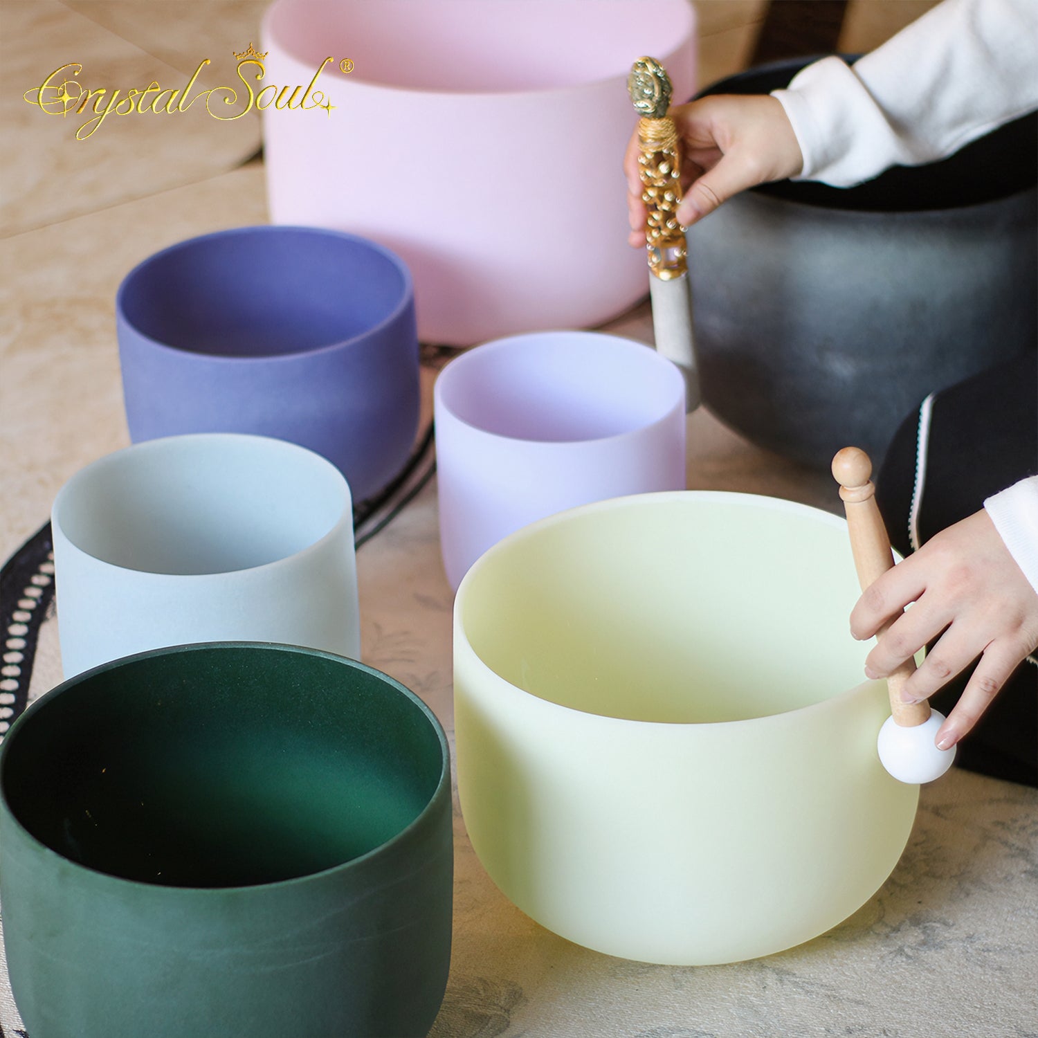 Crystal Soul High Quality Original Mineral Frosted Crystal Singing Bowl Sets