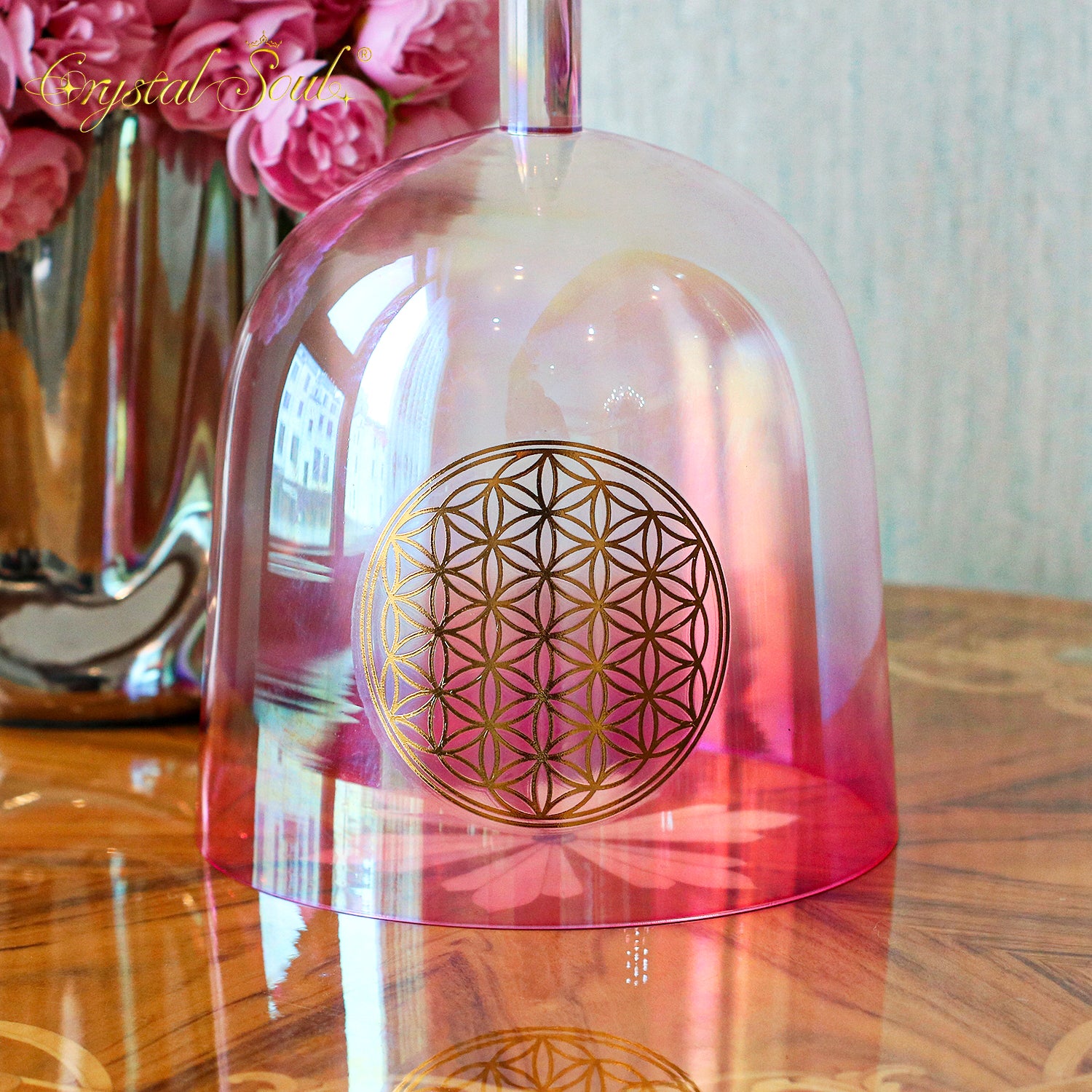 Crystal Soul Pink Gradient Flower of Life Handle Alchemy Crystal Bowl