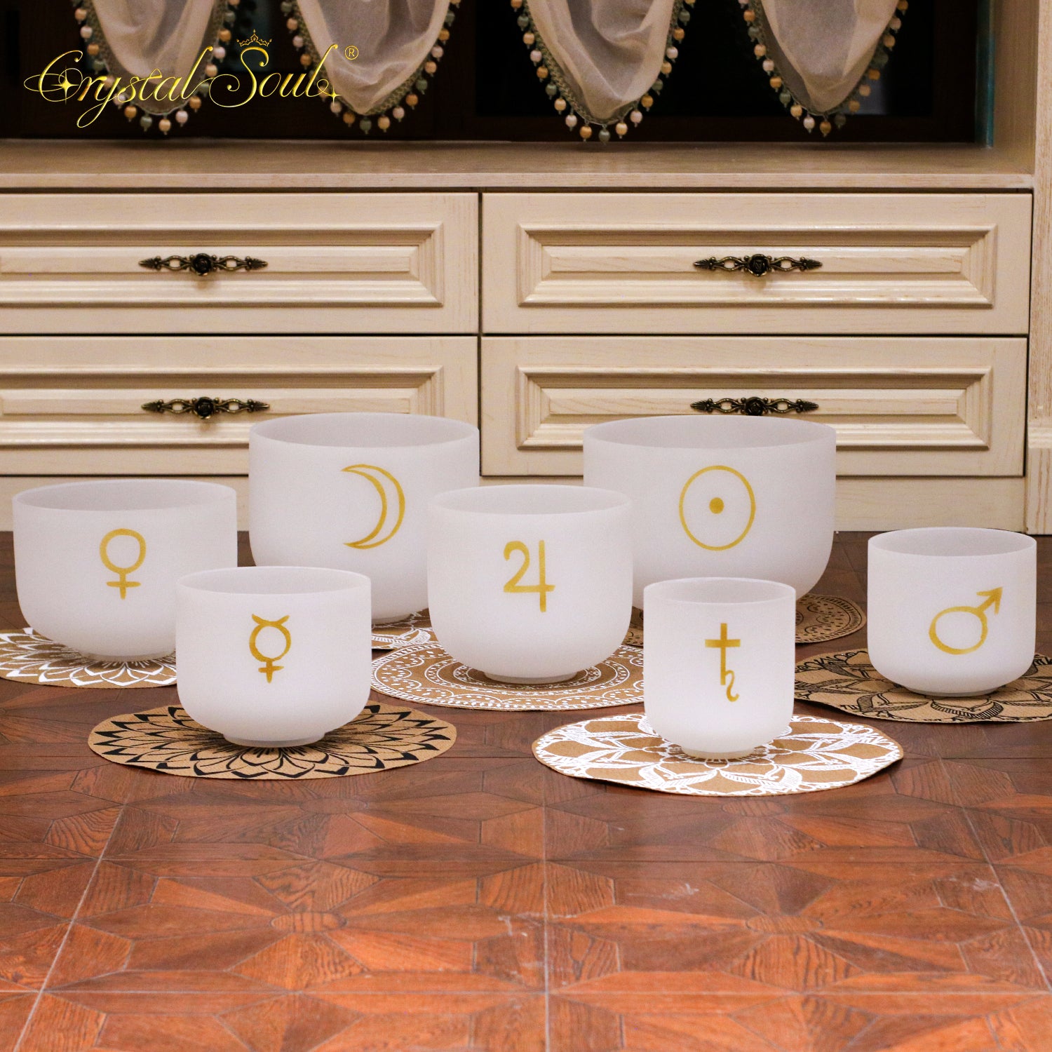 Crystal Soul Planetary Frosted Crystal Bowl 7 Chakras Set of Bowls
